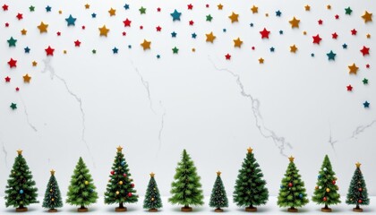Festive Christmas Trees with Colorful Stars and Decorations on a Marble Background