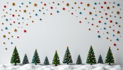 Decorative Christmas Trees with Colorful Stars on a White Winter Background for Holiday Celebrations and Festive Decor