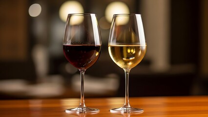 Red and white wine glasses side by side on a wooden bar counter with a bokeh background