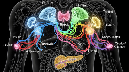 Colorful endocrine system diagram with labeled glands and hormones