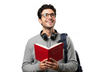 Young man holding book and wearing headphones isolated on transparent background