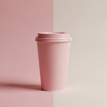 Minimalist pink coffee cup on a split background of dusty rose and beige, modern aesthetic for beverage branding and design