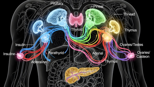 Colorful endocrine system diagram with labeled glands and hormones