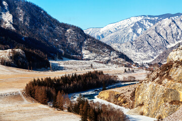 Winter landscape in Siberia, Russia. Katun river and Altai mountains. Altai Republic, Russia