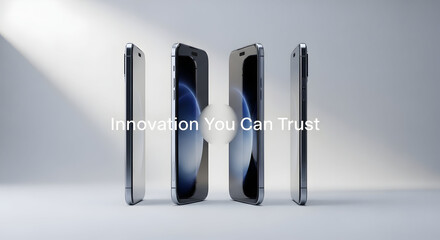 Four smartphones rotating with innovation text on gray background white
