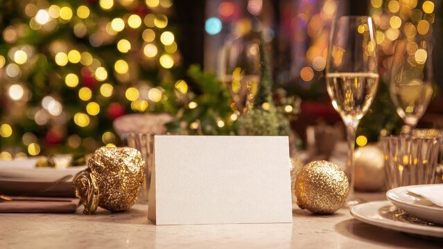 Blank Christmas place card mockup for holiday dinner invitation. Elegant table setting with champagne flutes, gold decorations, and festive warm bokeh lights background.