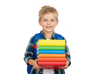 Young boy holding stack of colorful books isolated on transparent background