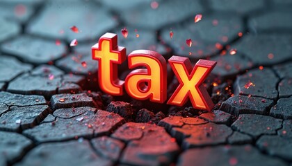 Naklejka na ściany i meble Fiery tax word emerges from cracked ground. Symbolizes financial breakthrough, overcoming debt burdens, and achieving tax reform. Represents new economic opportunities and personal wealth.