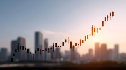 A rising market financial graph superimposed on a blurred urban cityscape at sunset symbolizing economic growth and opport