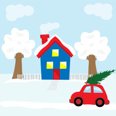 A red car brought a green Christmas tree to a blue house on a winter day. The concept of Christmas and New Year.