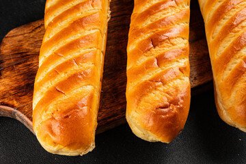 Fresh bun for hot dog natural baked goods soft ingredient appetizer fresh tasty table setting gourmet food background on the table rustic food top view copy space