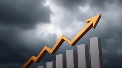 An orange arrow signifies economic growth and progress against a dramatic dark cloudy sky