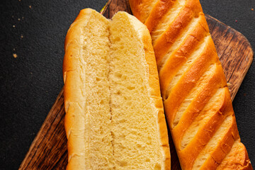 Fresh bun for hot dog natural baked goods soft ingredient appetizer fresh tasty table setting gourmet food background on the table rustic food top view copy space