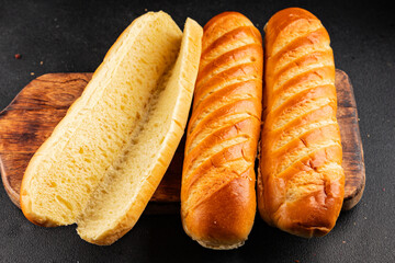 Fresh bun for hot dog natural baked goods soft ingredient appetizer fresh tasty table setting gourmet food background on the table rustic food top view copy space