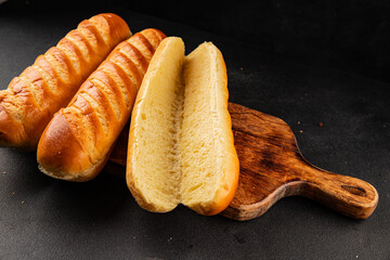 Fresh bun for hot dog natural baked goods soft ingredient appetizer fresh tasty table setting gourmet food background on the table rustic food top view copy space