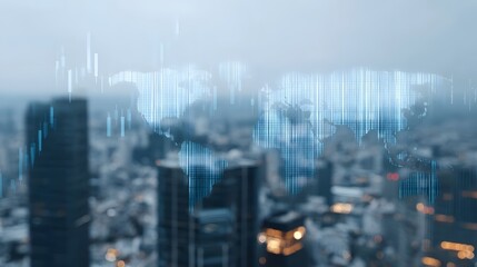 Global financial data overlayed on a hazy cityscape with market charts representing international business connections and economic growth