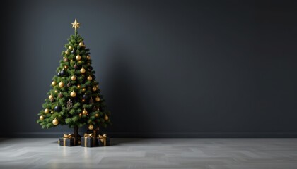 Elegant Christmas Tree with Gold and Black Ornaments in Modern Interior Setting