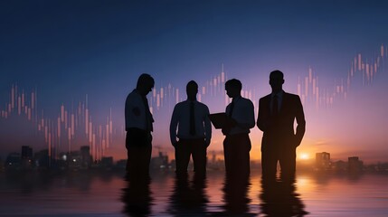 Business team silhouettes in water discussing financial data against a cityscape and market graph at dawn