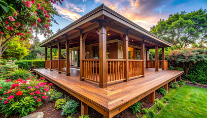 Fototapeta premium Wooden gazebo with wrap-around deck surrounded by lush garden and blooming flowers porch