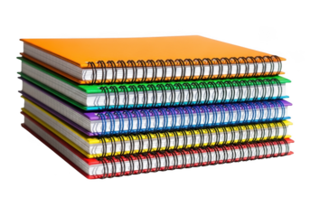 Stack of colorful spiral notebooks isolated on transparent background