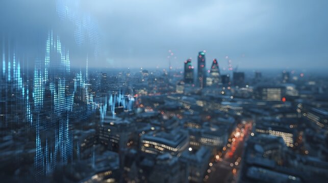Abstract digital data overlaying a blurred modern city skyline at dusk representing global finance and technology - Powered by Adobe
