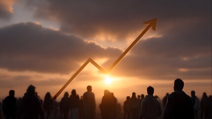 Silhouetted crowd observes upward trending arrow graph at dramatic sunset