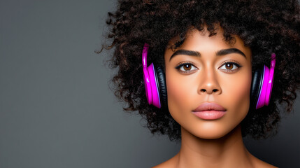 Female Student Listening Attentively with Headphones, Educational Studio Portrait


