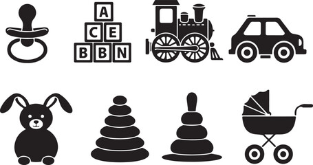 Set of black and white icons representing baby and toddler toys, including a pacifier, alphabet blocks, a train, a car, a stuffed bunny, stacking rings, and a baby carriage