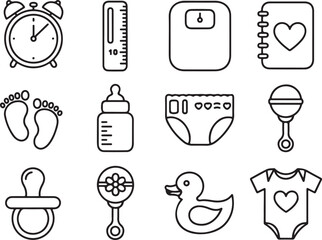 Set of 12 outline icons for baby care and newborn essentials alarm clock, thermometer, scale, diary, footprints, bottle, diaper, rattle, pacifier, toy, duck, and bodysuit