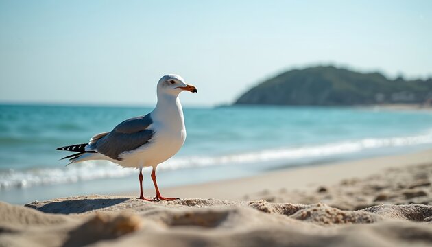 White and grey seagull stands on sandy beach near bright blue ocean. Gentle waves wash shore under clear sky. Distant hill overlooks coastal town on sunny day. - Powered by Adobe