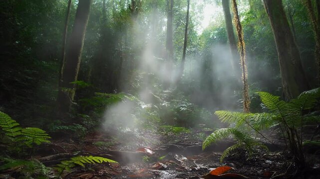 Rainforest floor misty forest nature mood wet root green fern sunbeam jungle mist humidity serene