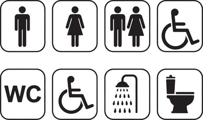 Set of eight black and white icons for restrooms, toilets, showers, and accessibility, including male, female, unisex, wc, and wheelchair symbols