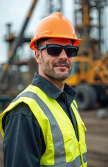 Fototapeta premium Man in orange hard hat, sunglasses, and hi vis vest stands on industrial site. Construction machinery and blue sky visible. He looks confident.