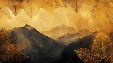 Warm-toned abstract scene integrating golden leaf patterns and foggy mountain lines 