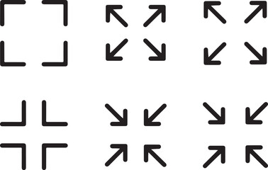 Set of nine icons for fullscreen, expand, and corner frame actions, black line art