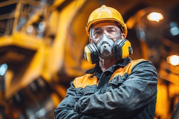 person wearing helmet and mask stands in front of large industrial machines inside factory. worker is focused and shows readiness for work ahead
