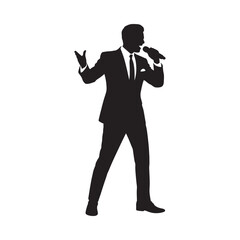 Silhouette of a man in a suit singing into a microphone on stage