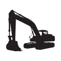Silhouette of a heavy duty excavator machine against a plain white background