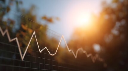 Financial chart with dynamic trends shown against a soft bokeh background illuminated by warm sunlight