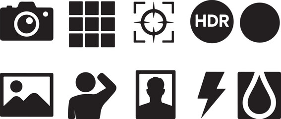 Set of black and white camera and photography icons, including camera, grid, focus, hdr, image, person, portrait, flash, and water drop symbols
