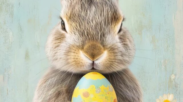 Rabbit holds decorated Easter egg close to its face with soft pastel background and visible natural fur texture. Ample empty space is available for text and design elements on the sides and above the 
