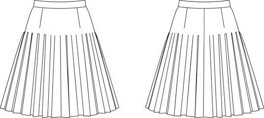Women high waist pleated skirt technical line illustration front and back view classic fashion apparel vector sketch