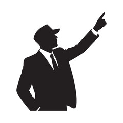 A silhouetted man in a suit and cap pointing upwards with his right hand