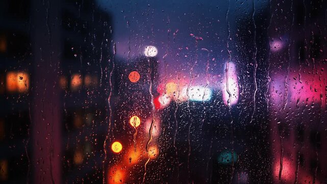 Ultra realistic rainy city night seen through wet window glass with colorful neon lights creating a moody cinematic urban atmosphere full of emotion