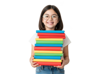Young girl holding colorful books isolated on transparent background