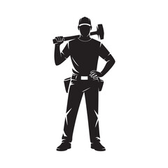 Silhouette of a construction worker holding a hammer over his shoulder