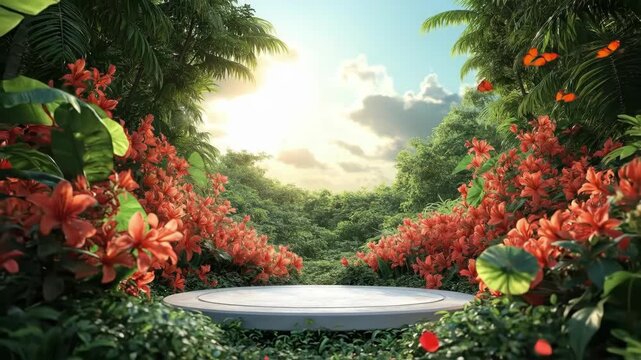 Serene tropical garden with orange flowers, butterflies, and sunny sky