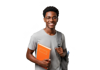 Smiling student with books isolated on transparent background