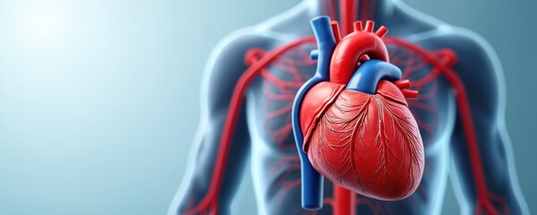 Detailed human heart anatomy with visible arteries and veins, representing cardiovascular system and circulatory health. Shows internal body blood flow science and medical research concepts.