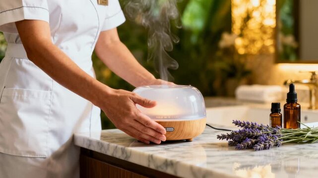 A Person Setting Up An Essential Oil Diffuser In A Spa For Relaxation And Aromatherapy